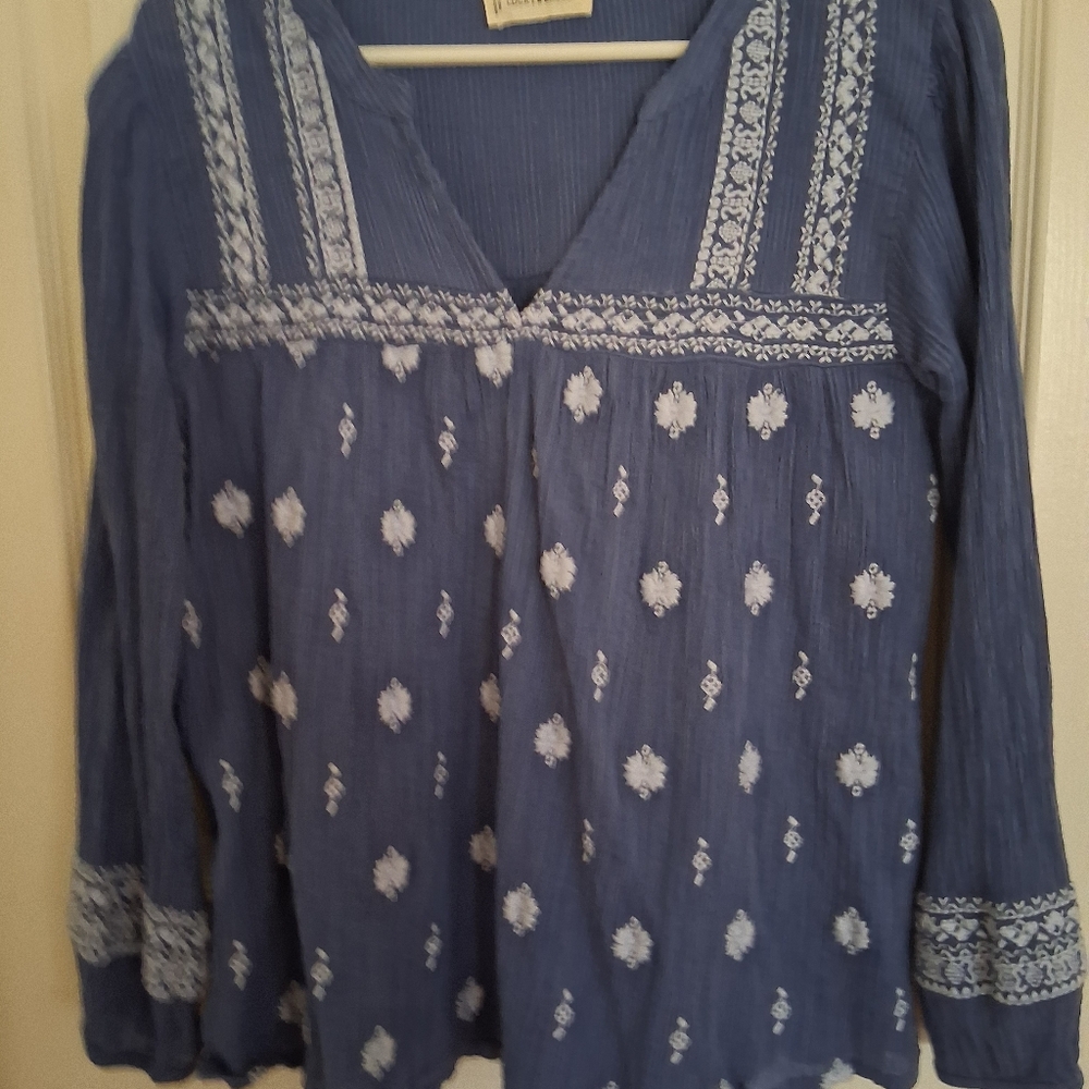 Luck Brand New Boho Blue Embroidered Women's Top